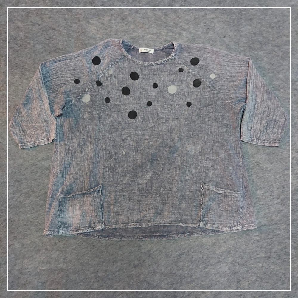 Jess & Jane Top Women XL Blue Stonewash Polka Dot Slub Knit 3/4 Sleeve Pockets